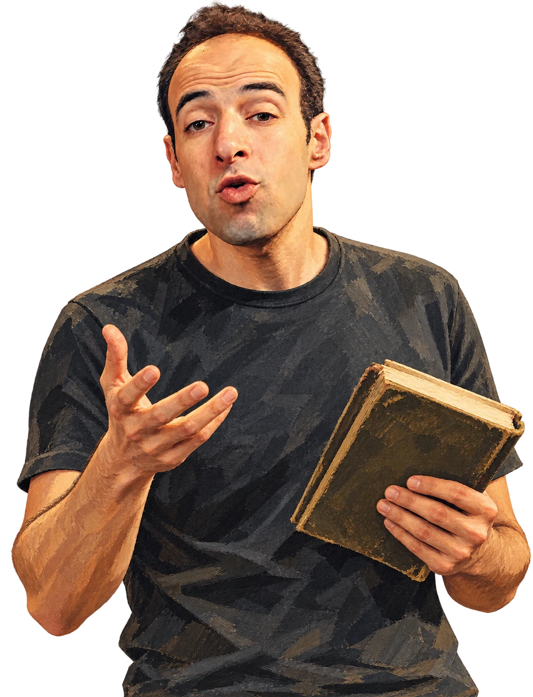 رسم تخيلي مستوحى من أحمد الغندور يحمل كتابًا